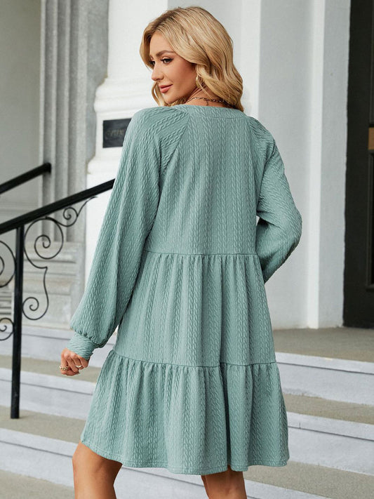 Shift Dresses V-Neck Pleated Dark Green Casual Long Sleeves Mini Dress