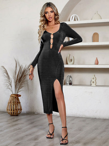 Bodycon Dresses Black Jewel Neck Cut Out Sexy Long Sleeves Midi Dress
