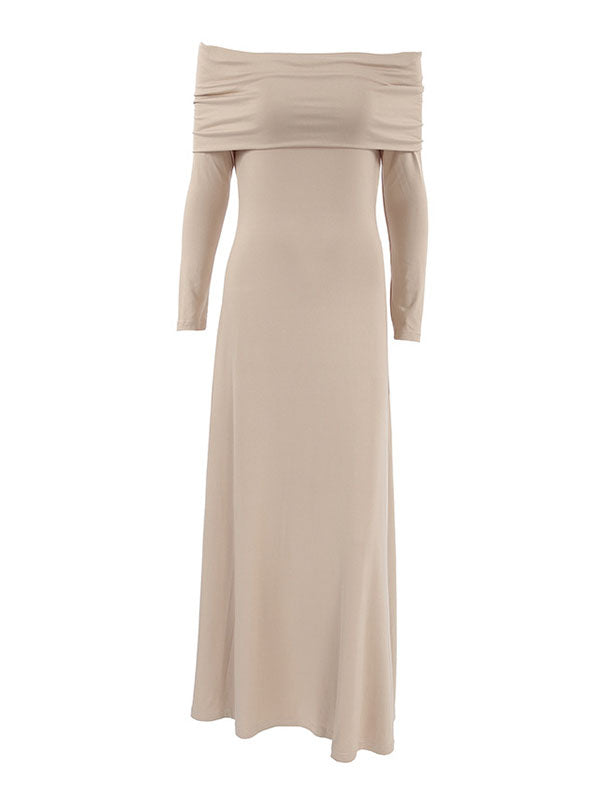 High Waisted Long Sleeves Solid Color Off-The-Shoulder Maxi Dresses