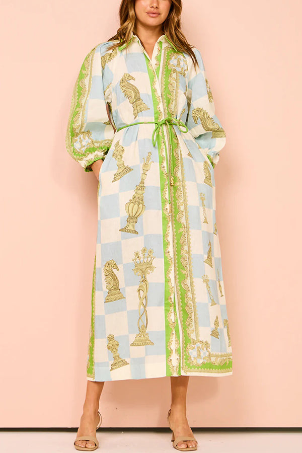 Unique Printed Long Sleeve Drawstring Pocket Shirt Midi Dress