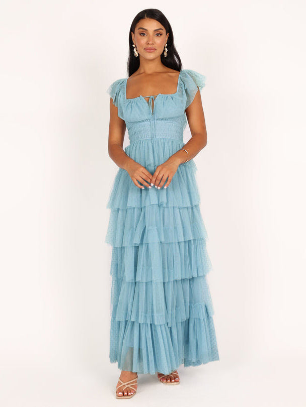 Layered Dress Cap Sleeves Sqaure Neck Elegant A-Line Prom Maxi Dresses