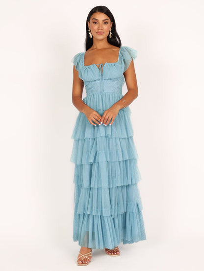 Layered Dress Cap Sleeves Sqaure Neck Elegant A-Line Prom Maxi Dresses