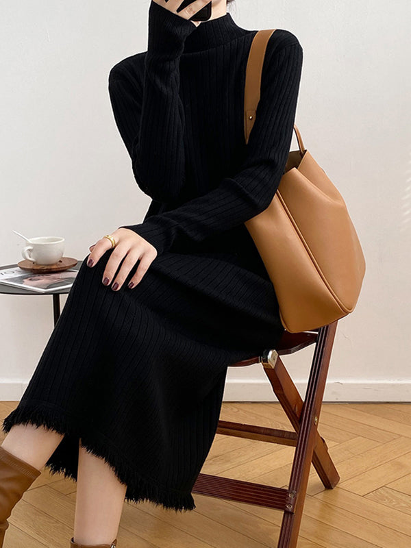 Long Sleeves Loose Fringed Solid Color Mock Neck Midi Dresses Sweater Dresses