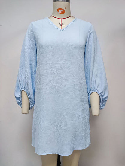 Loose Puff Sleeves Ruffled Solid Color V-Neck Mini Dresses