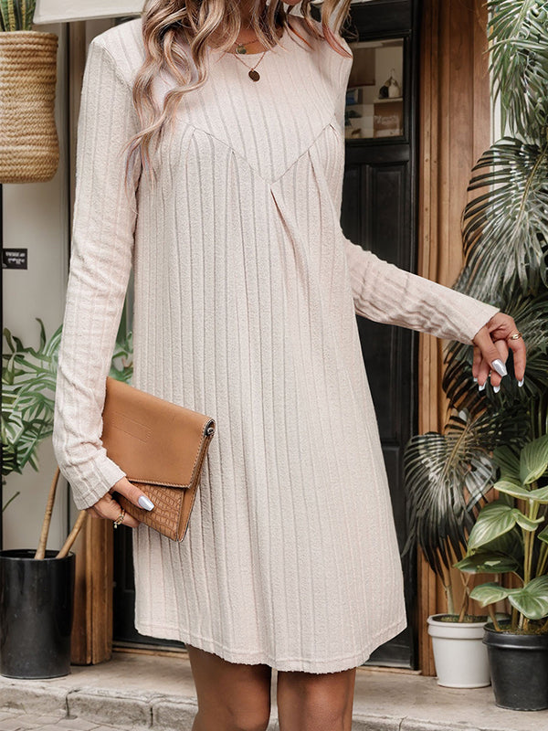 Long Sleeves Loose Buttoned Hollow Pleated Solid Color Split-Joint Round-Neck Mini Dresses