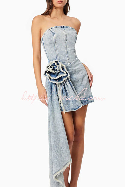 Giselle Washed Denim Floral Ruffle Pendant Strapless Stretch Mini Dress