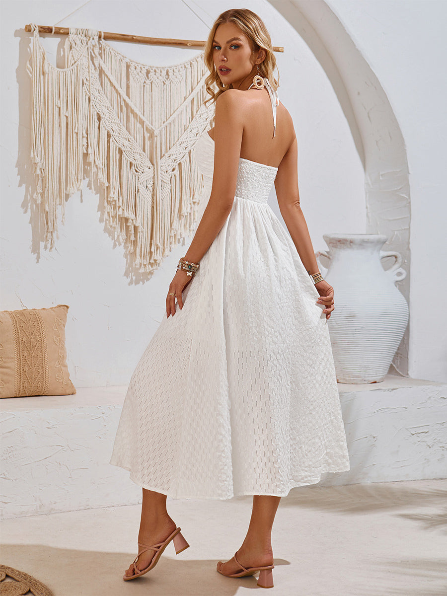 Boho Dress Straps Neckline Halter Pleated Summer Casual Midi Dresses