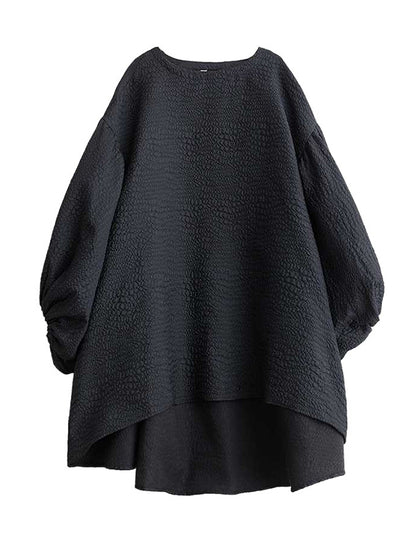 High-Low Long Sleeves Elasticity Solid Color Split-Joint Round-Neck Midi Dresses
