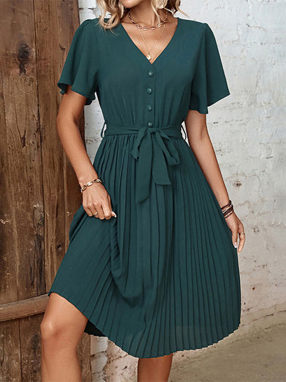 V-Neck Short Sleeves Midi Dress