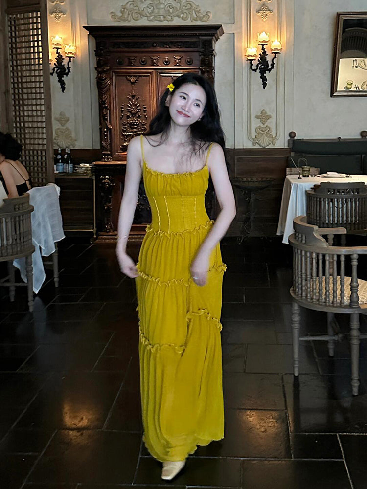 Mustard Yellow Ruched Ruffle Maxi Dress – Chic & Bright Summer Statement