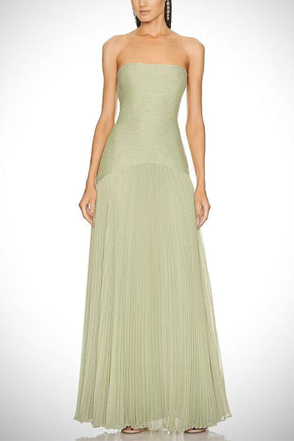 Strapless Tube Patchwork Pleated Maxi Dress