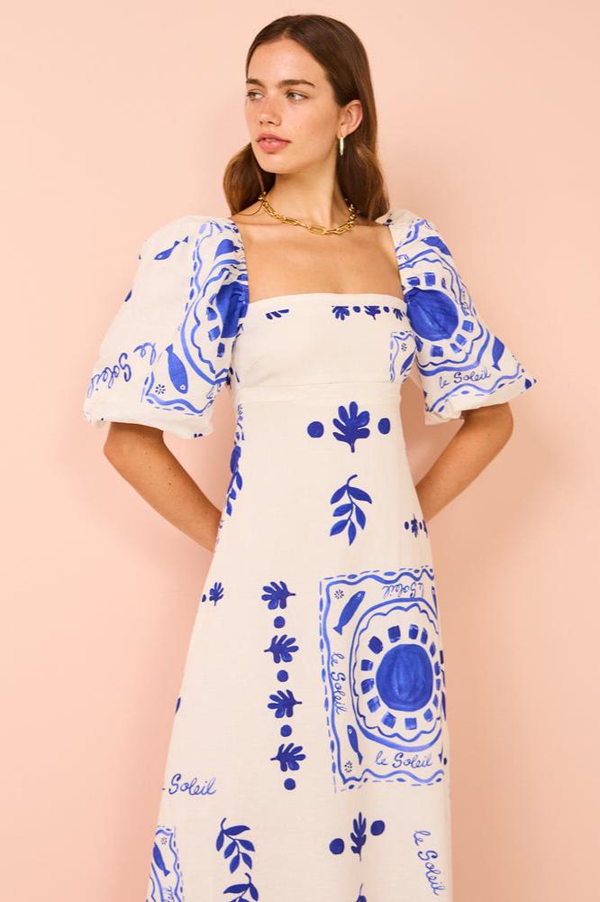 Square Neck Puff Sleeve Ruffled Hem Coastal Graphic Print Maxi Dress