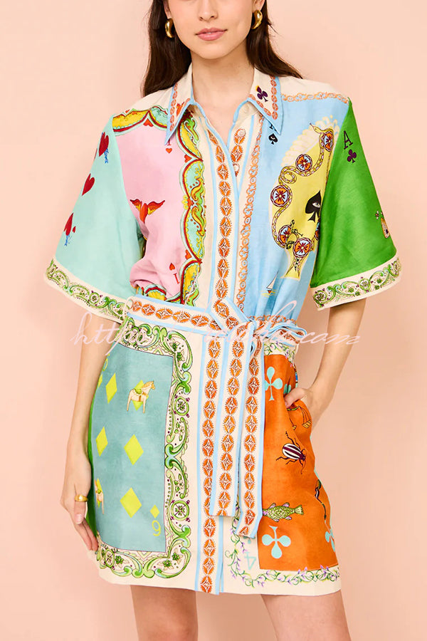 Linen Blend Unique Printed Short Sleeved Pocket Tie Waist Mini Dress
