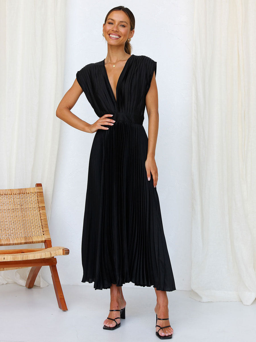 Midi Dress V-Neck Sleeveless Casual Oversized Pleated Party Dress