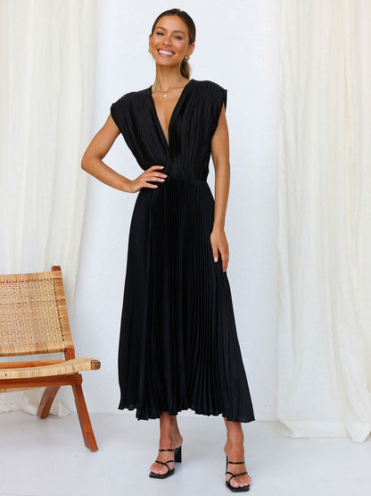 Midi Dress V-Neck Sleeveless Casual Oversized Pleated Party Dress