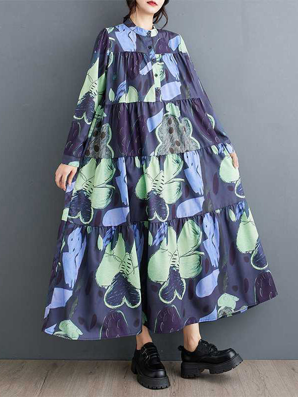 A-Line Long Sleeves Buttoned Flower Print Pleated Split-Joint Round-Neck Midi Dresses