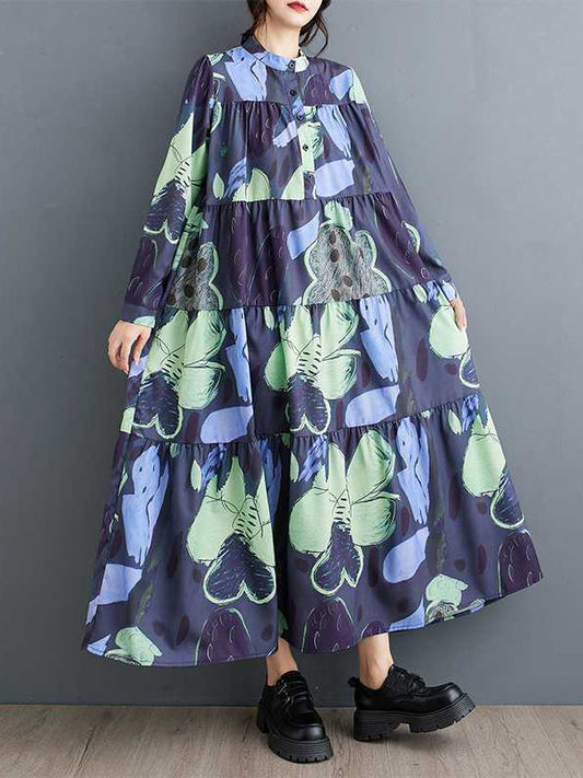 A-Line Long Sleeves Buttoned Flower Print Pleated Split-Joint Round-Neck Midi Dresses