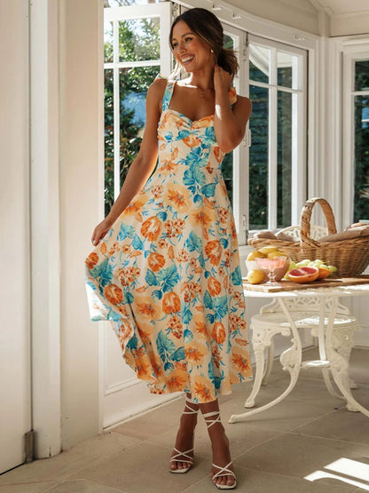 Floral Midi Dress Sweetheart Neck Sleeveless Zipper Chic Summer Dresses