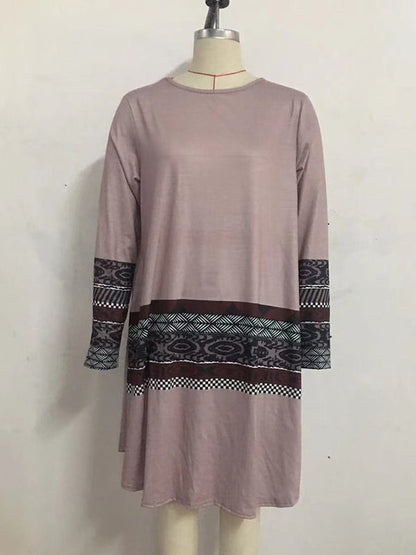 Casual Long Sleeves Striped Contrast Color Printed Round-Neck Mini Dresses
