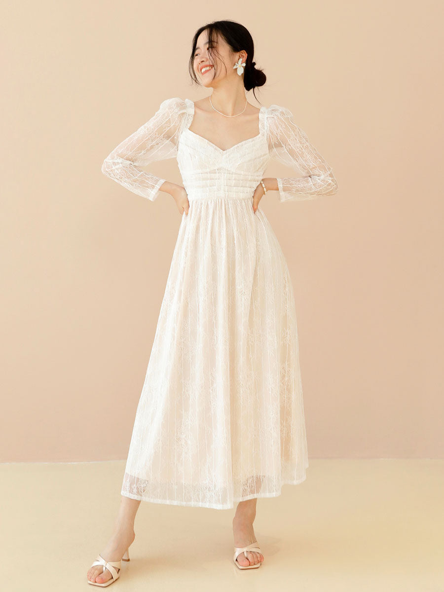 Lace Prom Dress Long Sleeves White Bridal Wedding Midi Dress