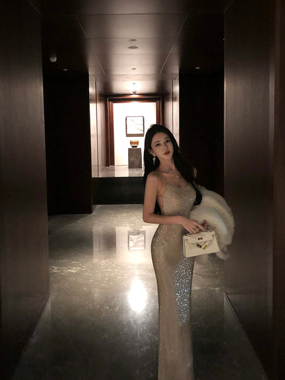 Rhinestone-Embellished Slip Dress – Sexy Party Night Maxi Dress
