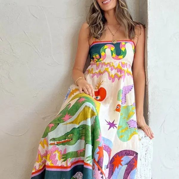 Feel Effortlessly Linen Blend Unique Print Smocked Back Midi Dress
