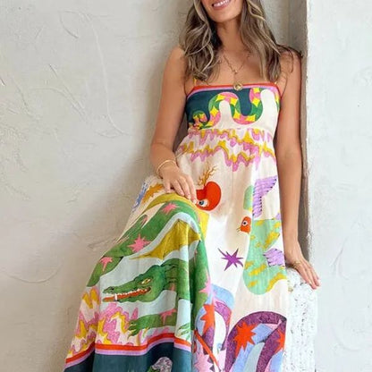 Feel Effortlessly Linen Blend Unique Print Smocked Back Midi Dress