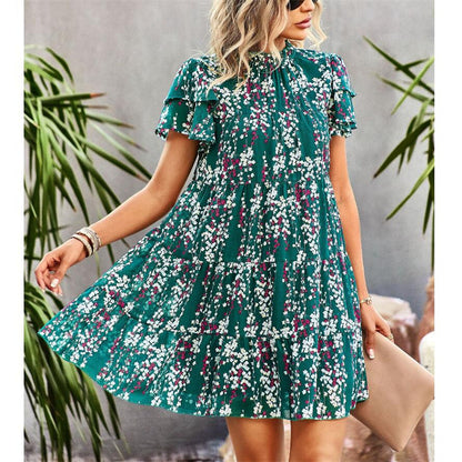 Bohemian Print Mini Dress with Round Neck for Women