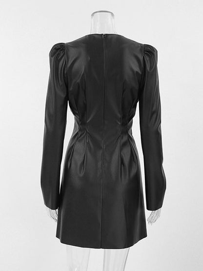 Black Midi Dress Puff Sleeves Pleated PU Leather Zipperr Day Dresses