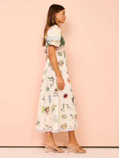 A-Line Dress Painting Puff Sleeves Round Neck Casual Summer Midi Dresses