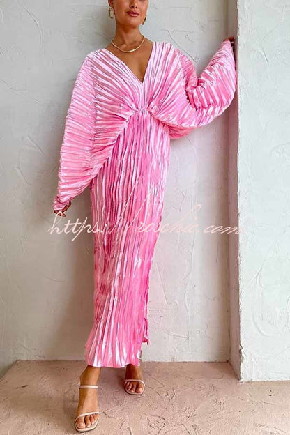 Sculpturally Luxurious Kimono Sleeve Pleated Cocoon Maxi Dress