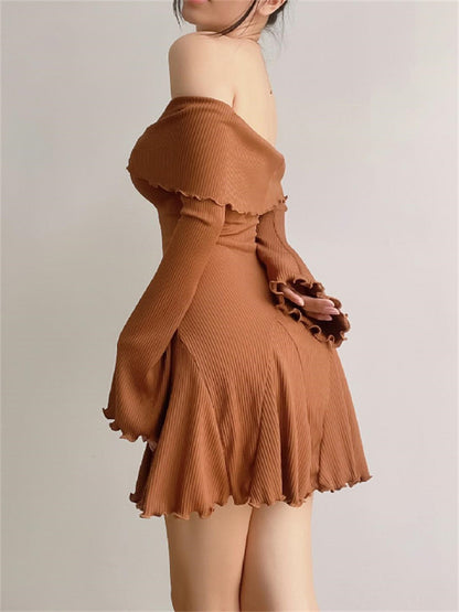 Tossy Black Knit Ruffled Mini Dress Women Patchwork Off-Shoulder Loose Slim Fashion Ribbed Dress Knitwear Clothes Female Dress