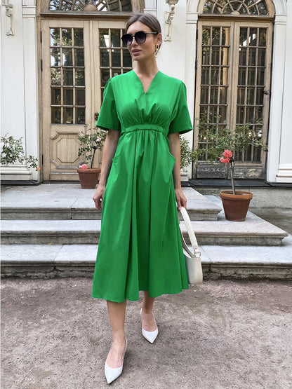 Summer Dress Short Sleeves V-Neck Pleated Pockets Casual Midi Dresses