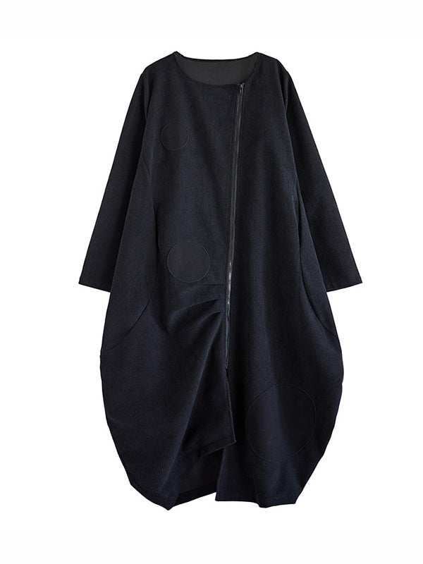 Long Sleeves Loose Asymmetric Pleated Polka-Dot Split-Joint Zipper High-neck Midi Dresses Outerwear