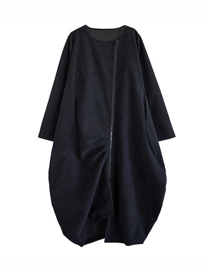 Long Sleeves Loose Asymmetric Pleated Polka-Dot Split-Joint Zipper High-neck Midi Dresses Outerwear
