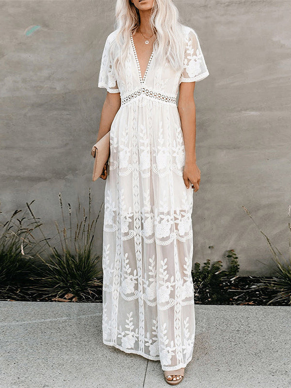 White Long Dress Lace Sexy V Neck Short Sleeves Boho Maxi Dresses