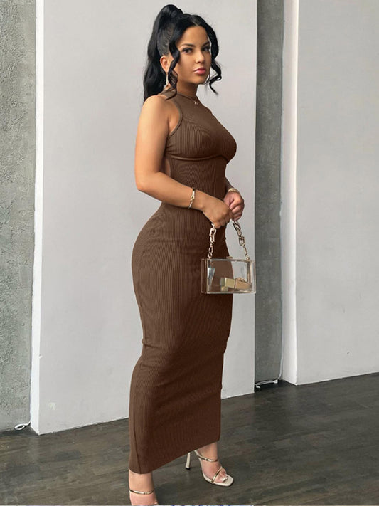 Ribbed Solid Hollow Out Backless Sleeveless Sexy Slit Mini Dress Bodycon 2024 Summer Women Outfits Elegant Party Y2K