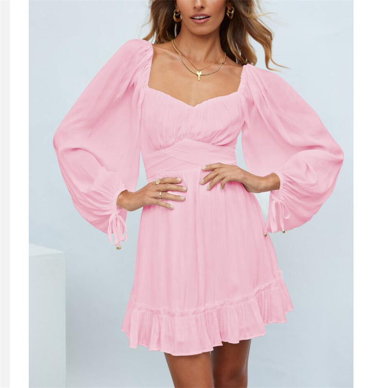 Ruffle Long Sleeve Square Collar Mini Dress in Multiple Colors