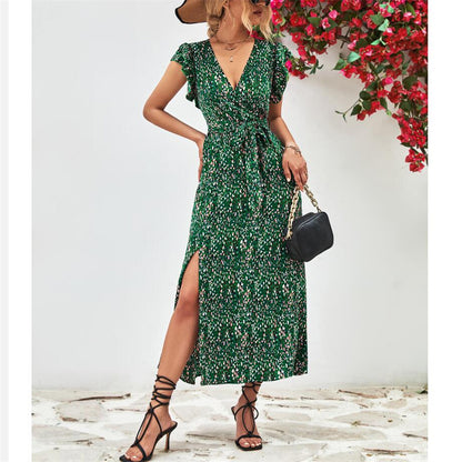 Stylish V-Neck Split Print Maxi Dress Available in Colors
