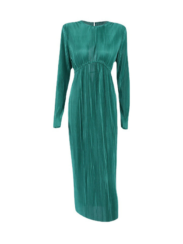 A-Line High Waisted Backless Hollow Pleated Solid Color Round-Neck Midi Dresses