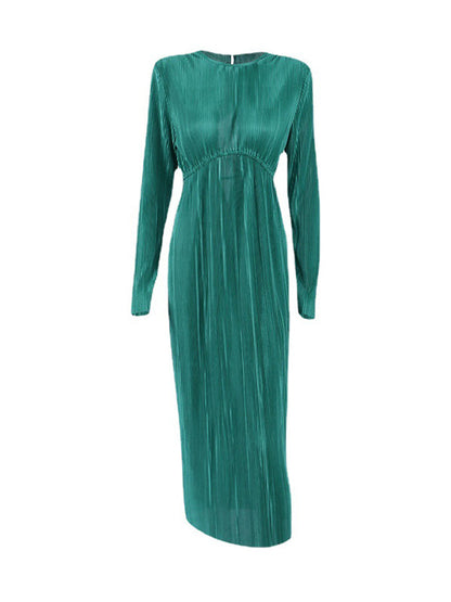 A-Line High Waisted Backless Hollow Pleated Solid Color Round-Neck Midi Dresses
