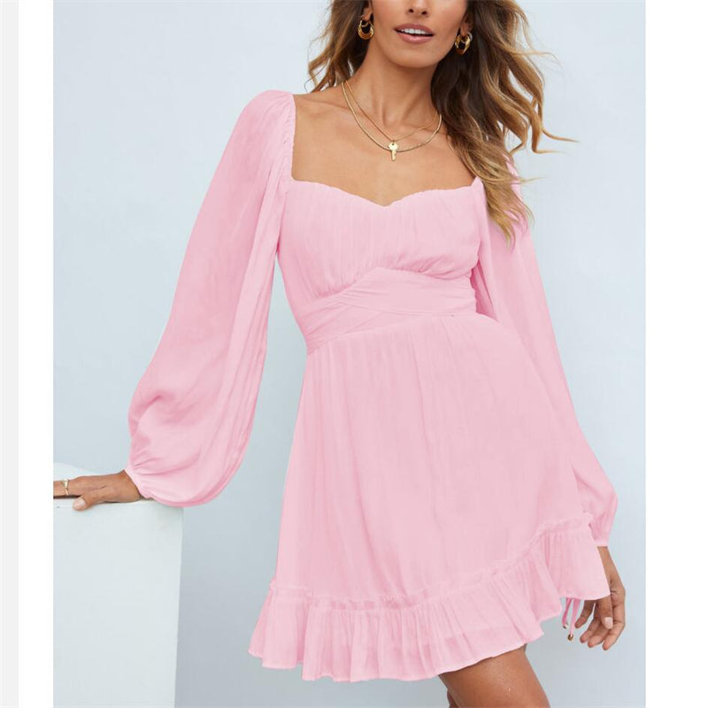 Ruffle Long Sleeve Square Collar Mini Dress in Multiple Colors