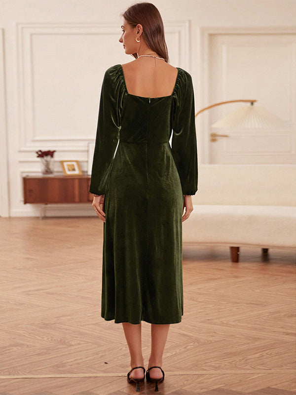 Velvet Dress Hunter Green Pleated U-Neck Long Sleeves Fall Chic Stretch Midi Dress