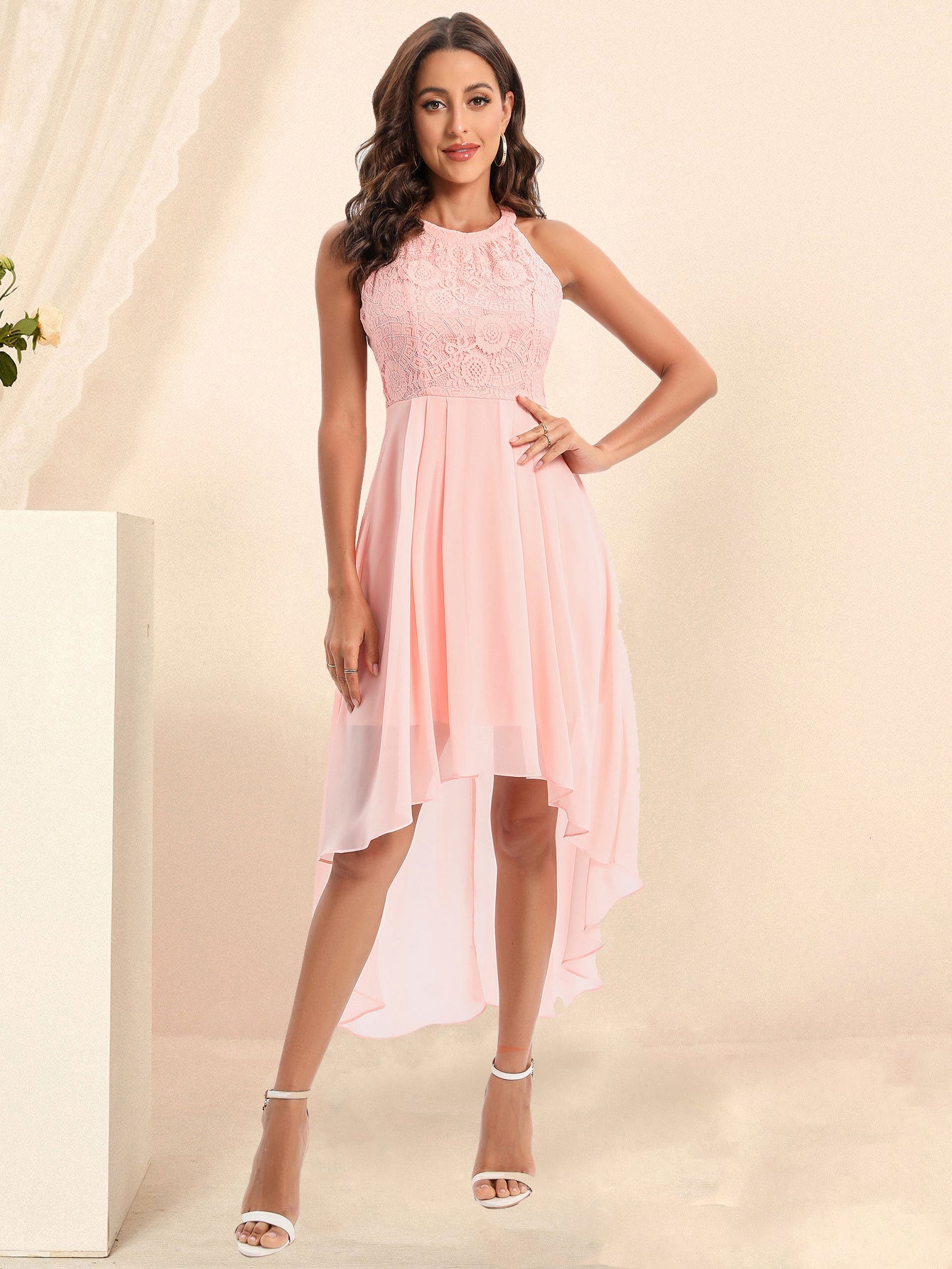 Irregular Dress Chiffon Skirt Lace Bodice High Low Sleeveless Midi Dresses