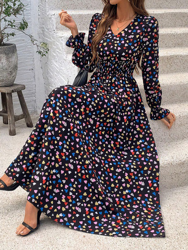Loose Puff Sleeves Elasticity Floral Printed Split-Joint V-Neck Maxi Dresses