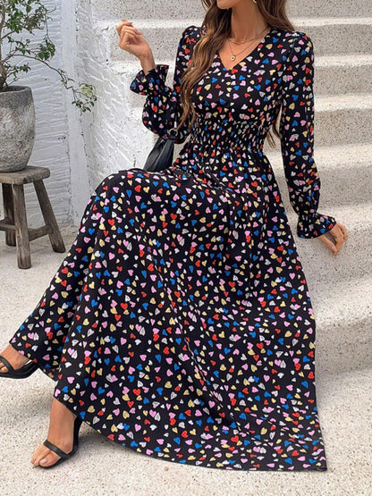 Loose Puff Sleeves Elasticity Floral Printed Split-Joint V-Neck Maxi Dresses