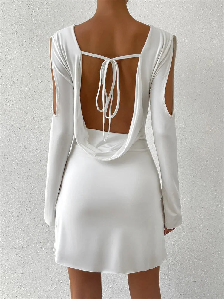 Tossy Hollow Out Lace-Up Fashion Mini Dress Female Long Sleeve Bandage Backless Elegant Dress Slim Patchwork Solid Women’s Dress
