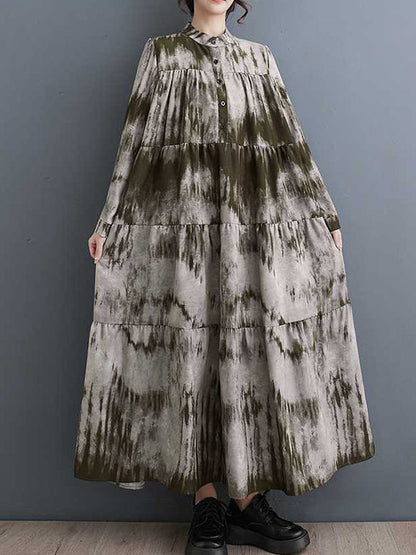 A-Line Long Sleeves Pleated Printed Split-Joint Stand Collar Midi Dresses