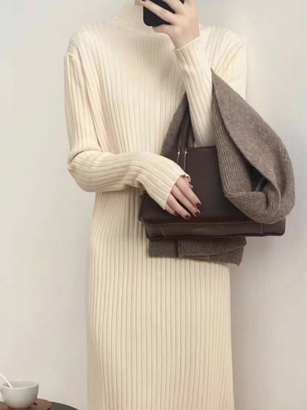 Long Sleeves Loose Fringed Solid Color Mock Neck Midi Dresses Sweater Dresses