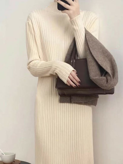 Long Sleeves Loose Fringed Solid Color Mock Neck Midi Dresses Sweater Dresses
